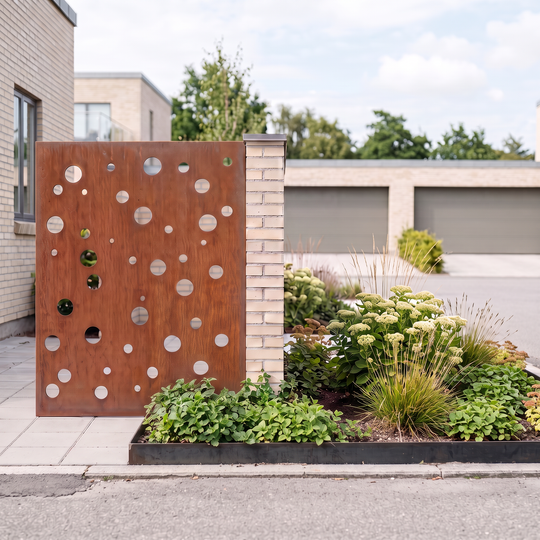 Sichtschutzpaneel aus Cortenstahl mit runden Lochmotiven an einem gemauerten Pfeiler neben einem Staudenbeet.