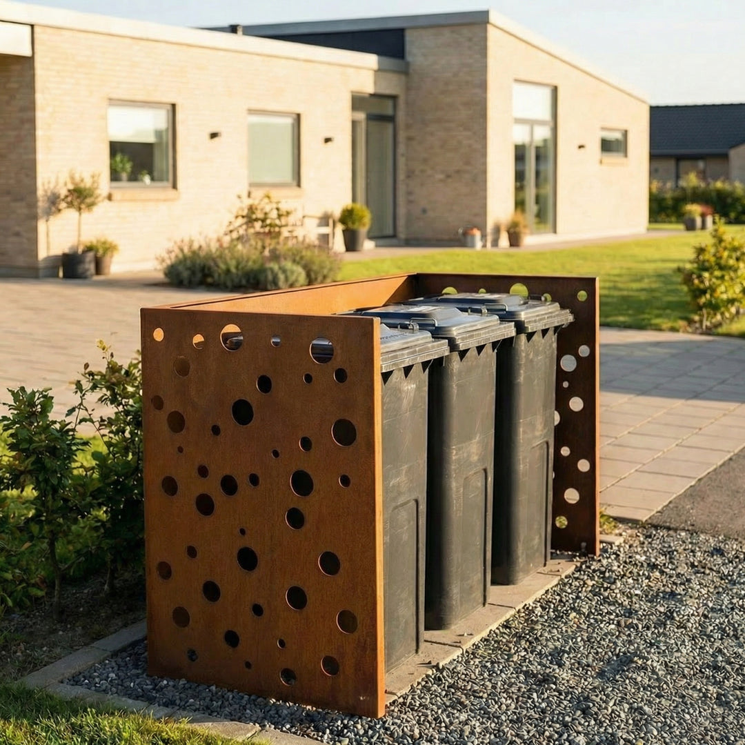 Mülltonnenverkleidung aus Cortenstahl - gelöchertes Modell