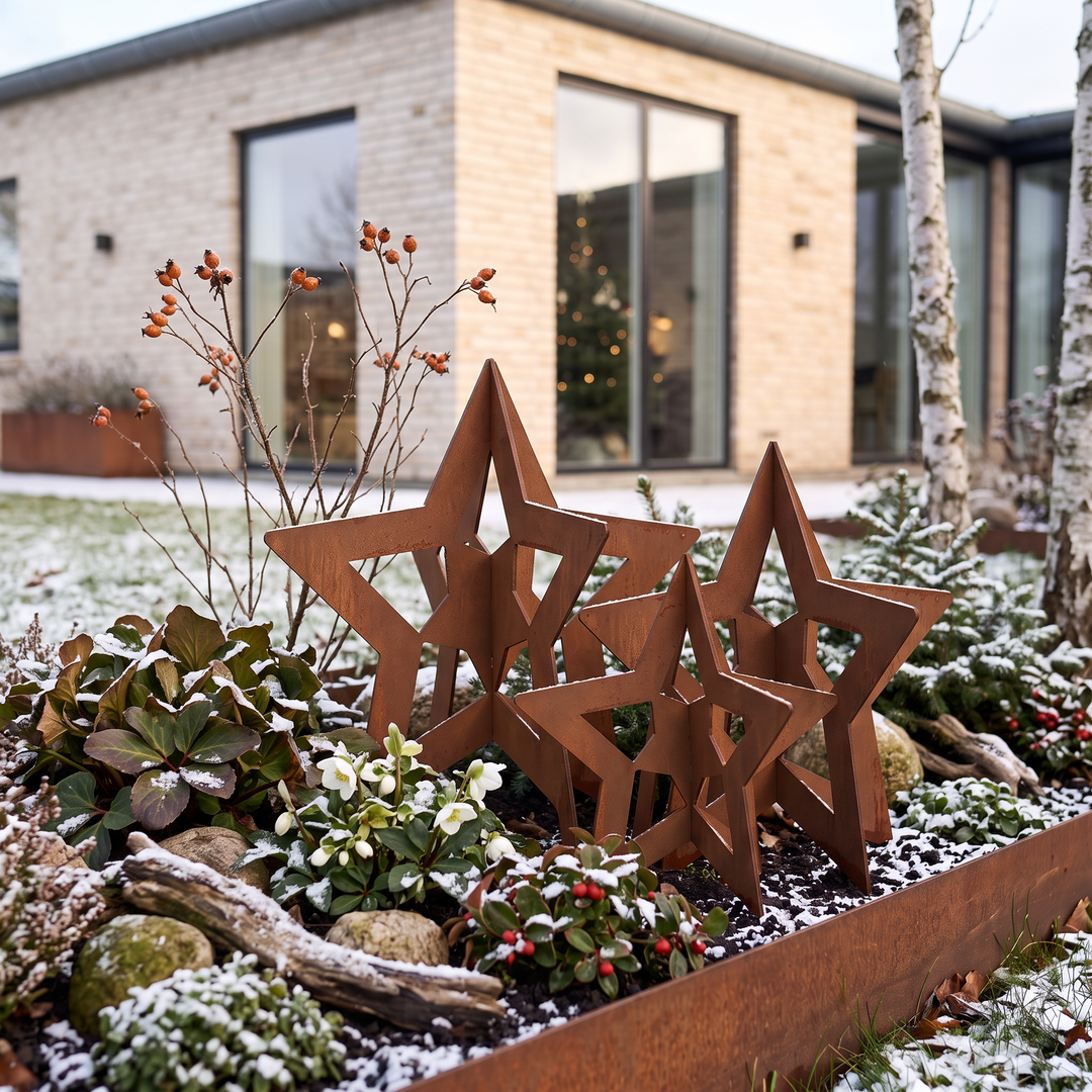 Rostbraune Deko-Sterne aus Cortenstahl zwischen Steinen und Wintergrün in einem Gartenbeet vor einem hellen Haus.